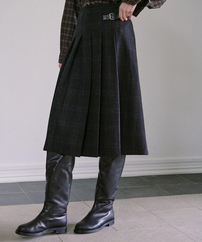 Awi Pleated Wool Check Skirt_Black