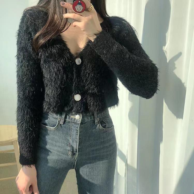 

Женский вязаный кардиган с V-образным вырезом на весну, облегающий и стройнящий топ с длинными рукавами, вязаная куртка 3XL чёрный