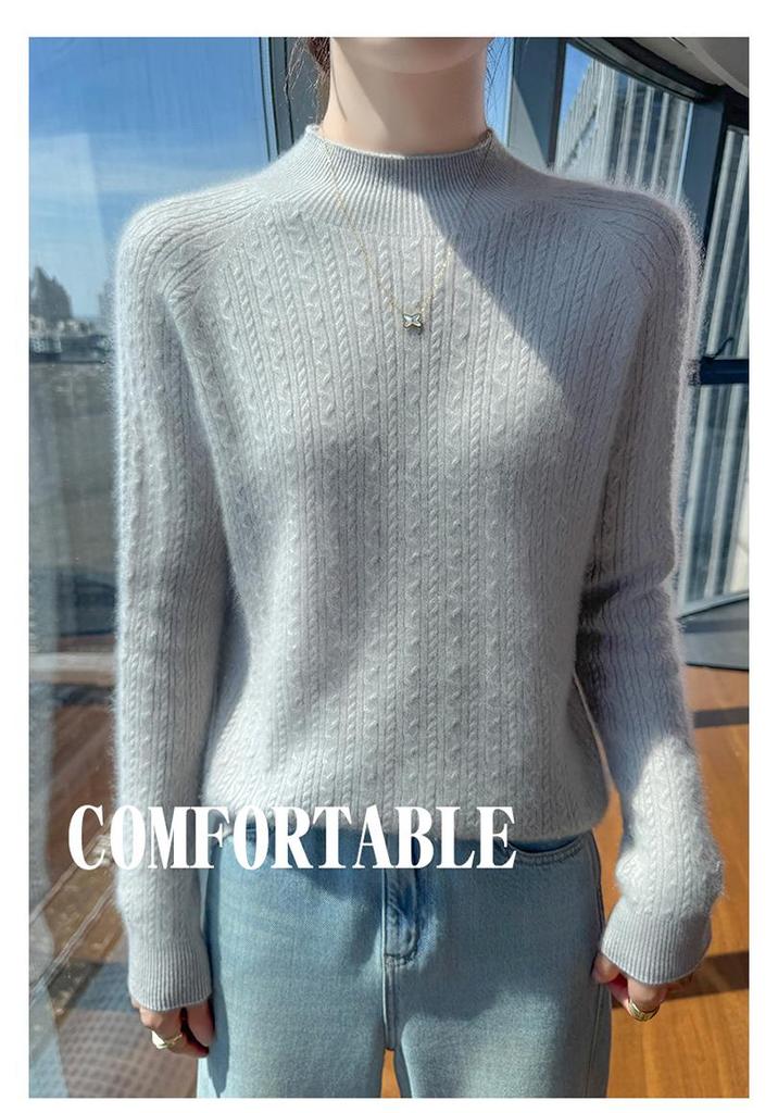 Women's 100% Wool Half-High Collar Cable Knit Pullover Sweater