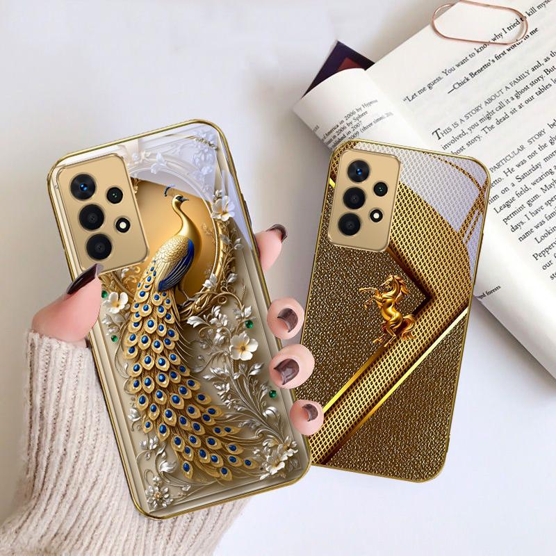 Golden horse sculpture For Samsung A 01 52S A04 A05S A10 A12 A13 22 23 24 36 42 M02 Note 10 20Ultra 8 9 Golden glass phone case