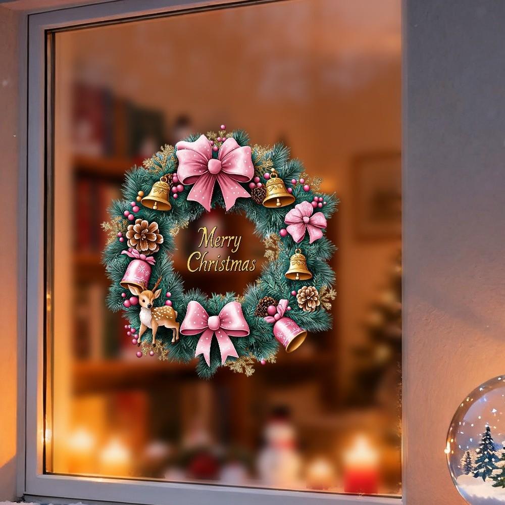 Simulated Flower Wreath Christmas Window Sticker PVC Merry Christmas Theme Festival Party Sticker New Year
