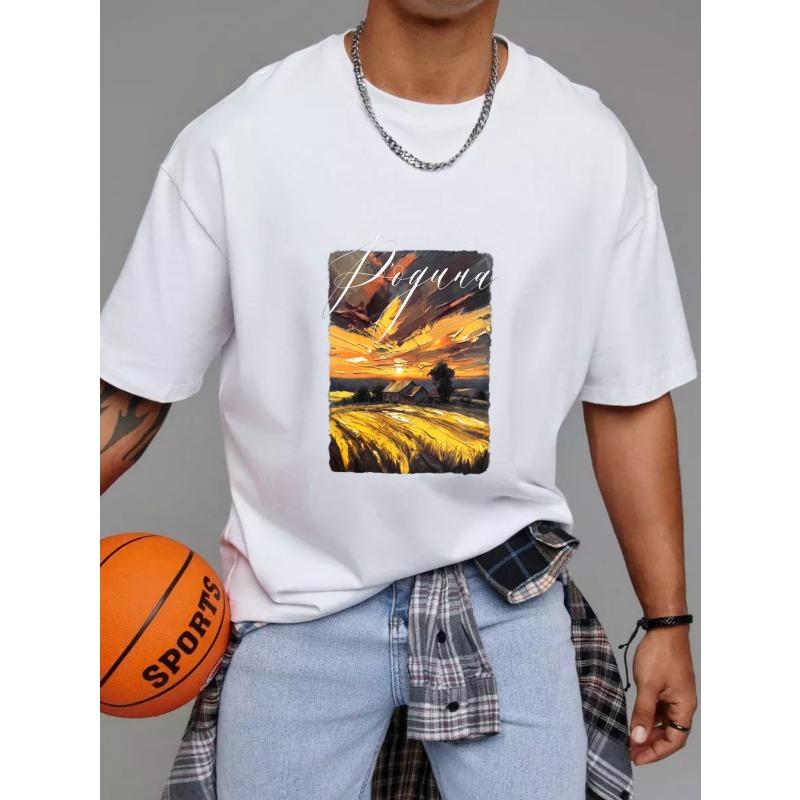 White T Shirt with Sunset Field and Poguva Text Print Casual Wear for Men and Women