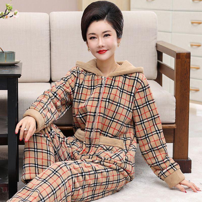 Autumn and Winter Coral Fleece Pajamas Ladies Zipper Hooded Plus Velvet Thick Warm Flannel Home Service