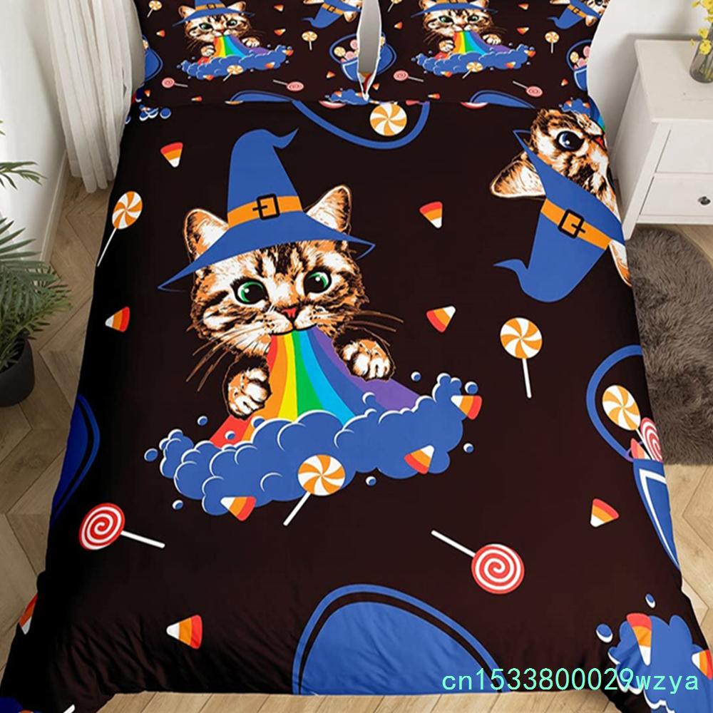 Capa de edredom fofa de gato de Halloween, conjunto de cama de castelo misterioso para crianças, adolescentes, microfibra, floresta enevoada, morcego, colcha, roupas de cama queen
