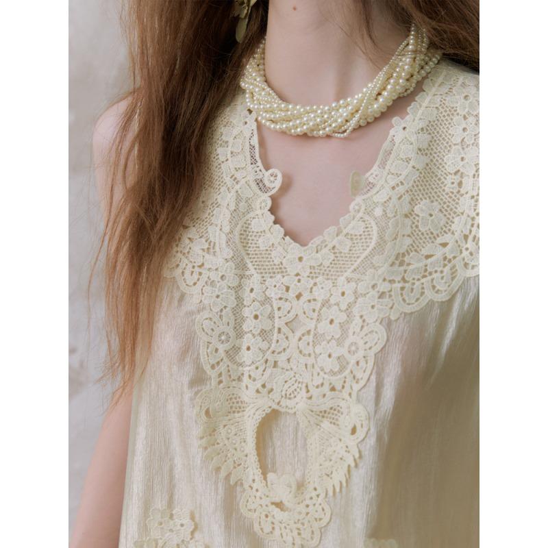 DIMANAF 2026 Neues Weste-T-Shirt Damen Spitze Rundhalsausschnitt Ausgeschnitten Sommerstil Basic Tops T-Shirts Lockere Weste