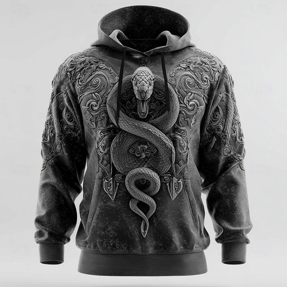 Men's 3D Snake Hoodie Sweatshirt Cool Party Crew Neck Club Streetwear Blue Green Drawstring Fall Winter Designer