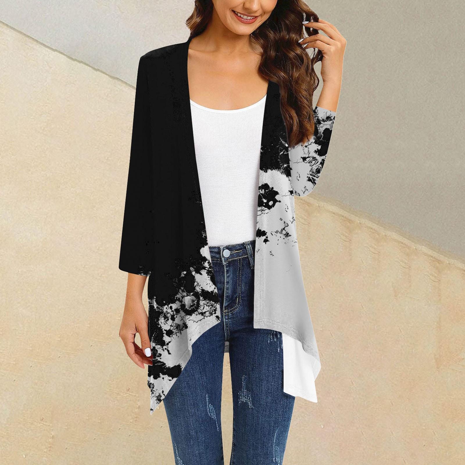 

Женский кардиган неправильной формы с принтом, рукавами три четверти и карманной курткой L чёрный