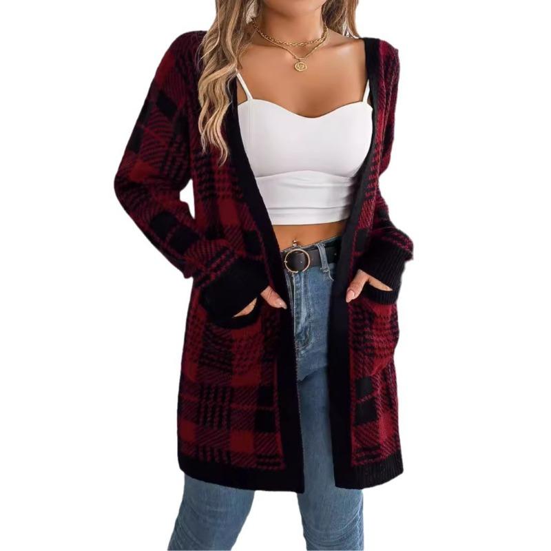 Women Casual Color Block Plaid Pocket Long Sleeve Open Cardigan Sweater Coat