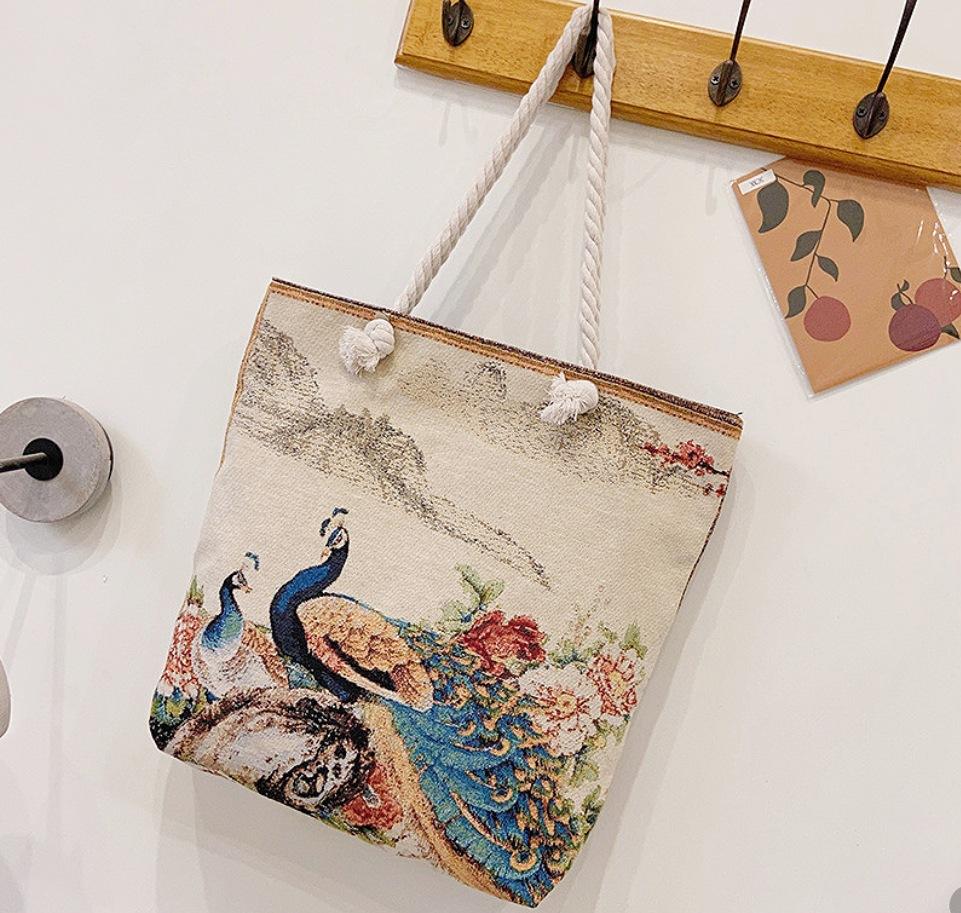 Ethnic style large shoulder bag South East Asia style double-sided embroidery cartoon animal elephant canvas bag female travel bag