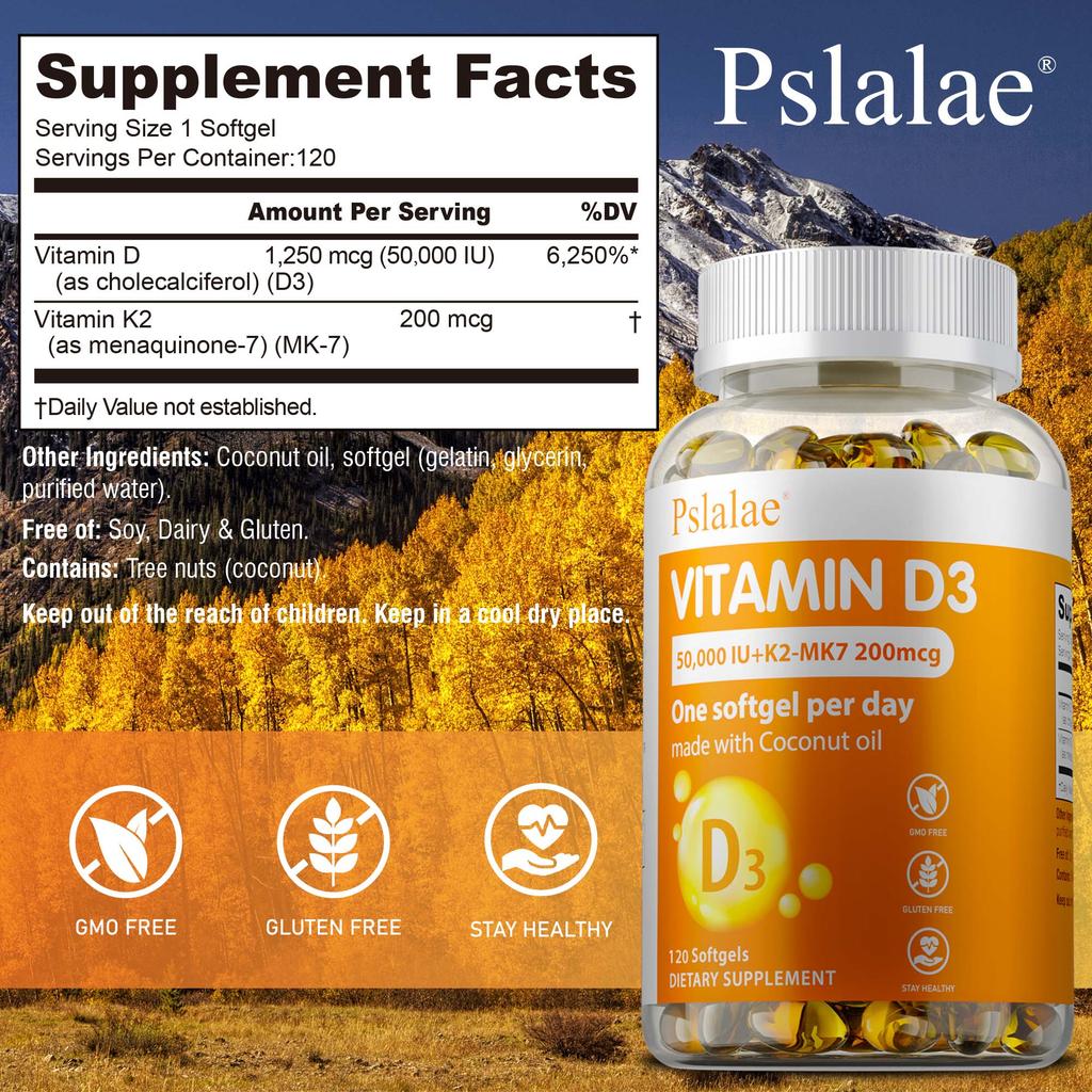Vysoce účinný doplněk 2 v 1 vitamín D3 + K2, obsahující 50 000 IU vitamínu D3 a 200 mcg vitamínu K2 (MK-7) pro podporu zdraví kostí.