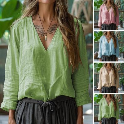 Damen-Shirt, langärmelig, V-Ausschnitt, einfarbig, lässig, lockere Passform, Oberteile, vielseitige Bluse für die Arbeit, den Alltag und Partys