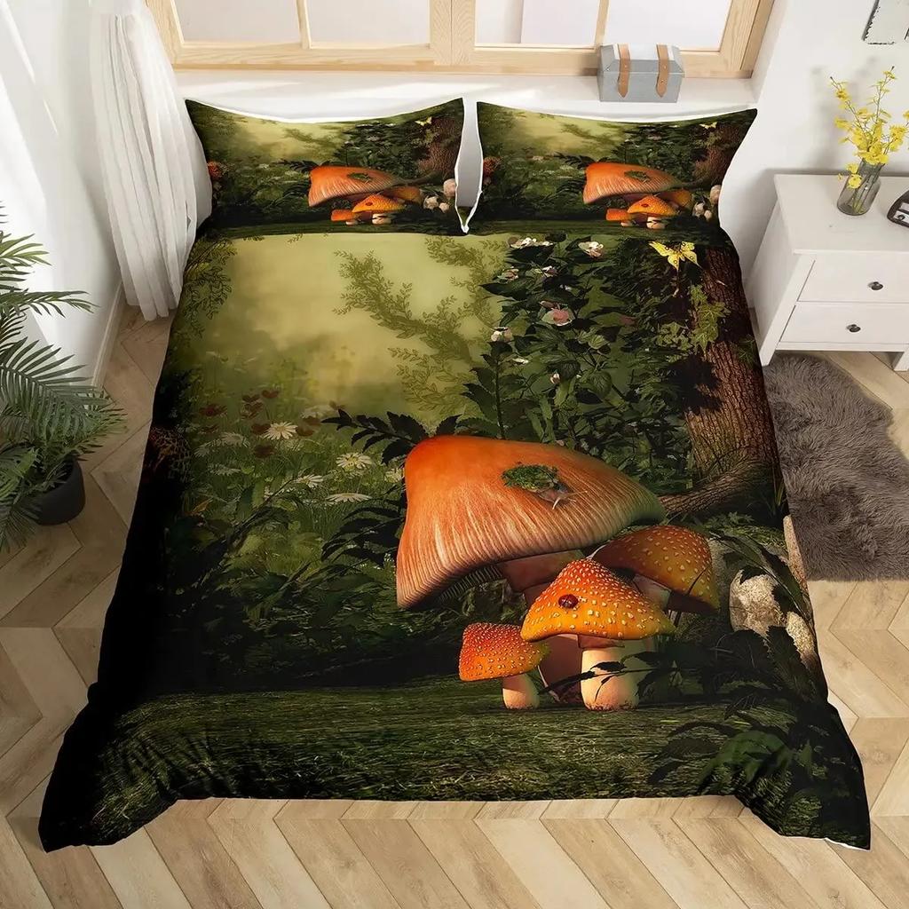 Cute Mushroom Duvet Cover Set Cartoon Mushrooms Comforter Cover Wild Mushroom Bedding Set Wildflower Botanical Plant Quilt Cover