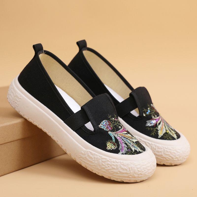 Sommer Neue Ländlicher Stil Damen Schuhe Bestickte Stoffschuhe Einschlupf Leinwand Student Vielseitig Atmungsaktiv Fischer Schuhe