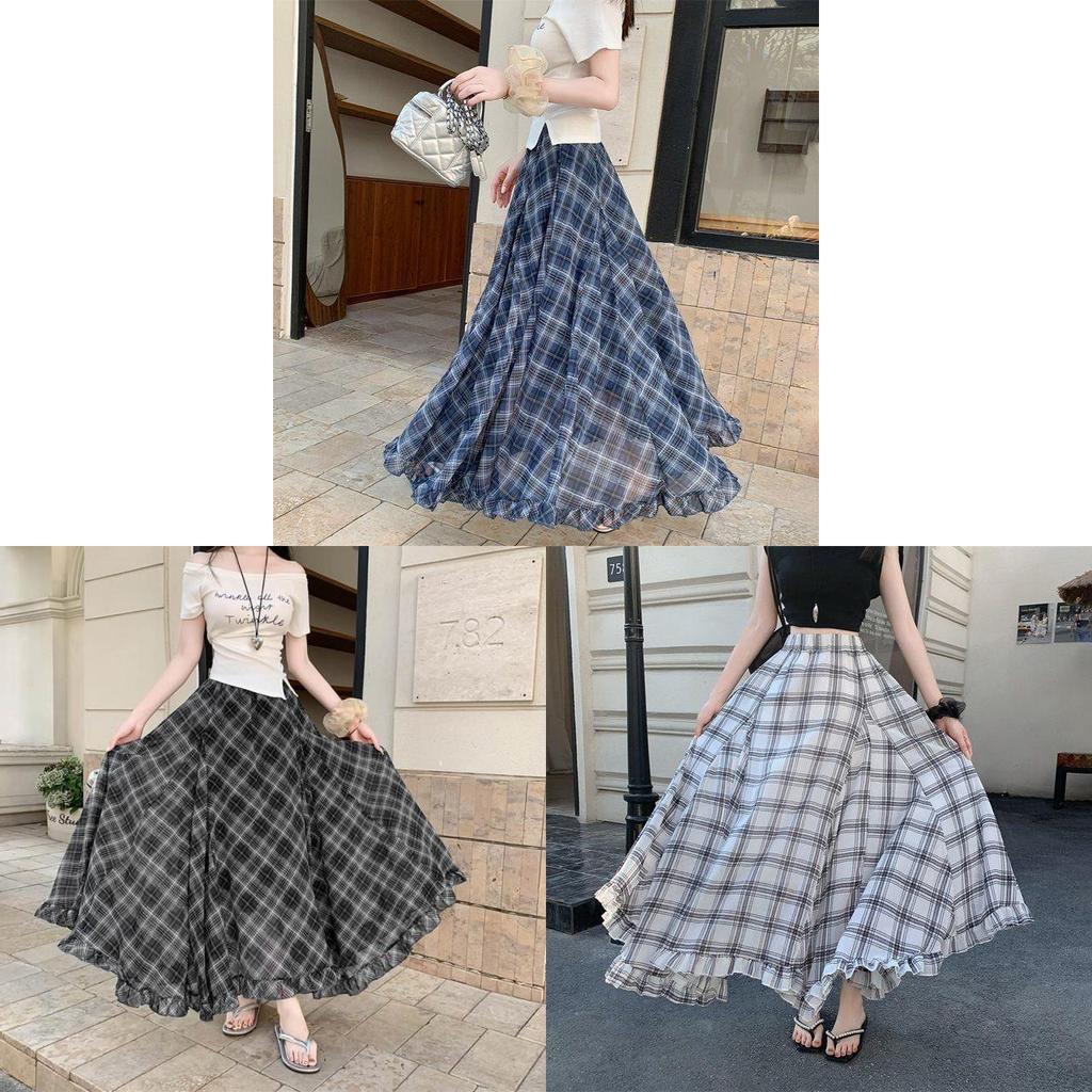 Longue jupe en mousseline à carreaux vintage avec ourlet asymétrique pour l'été décontracté pour femme