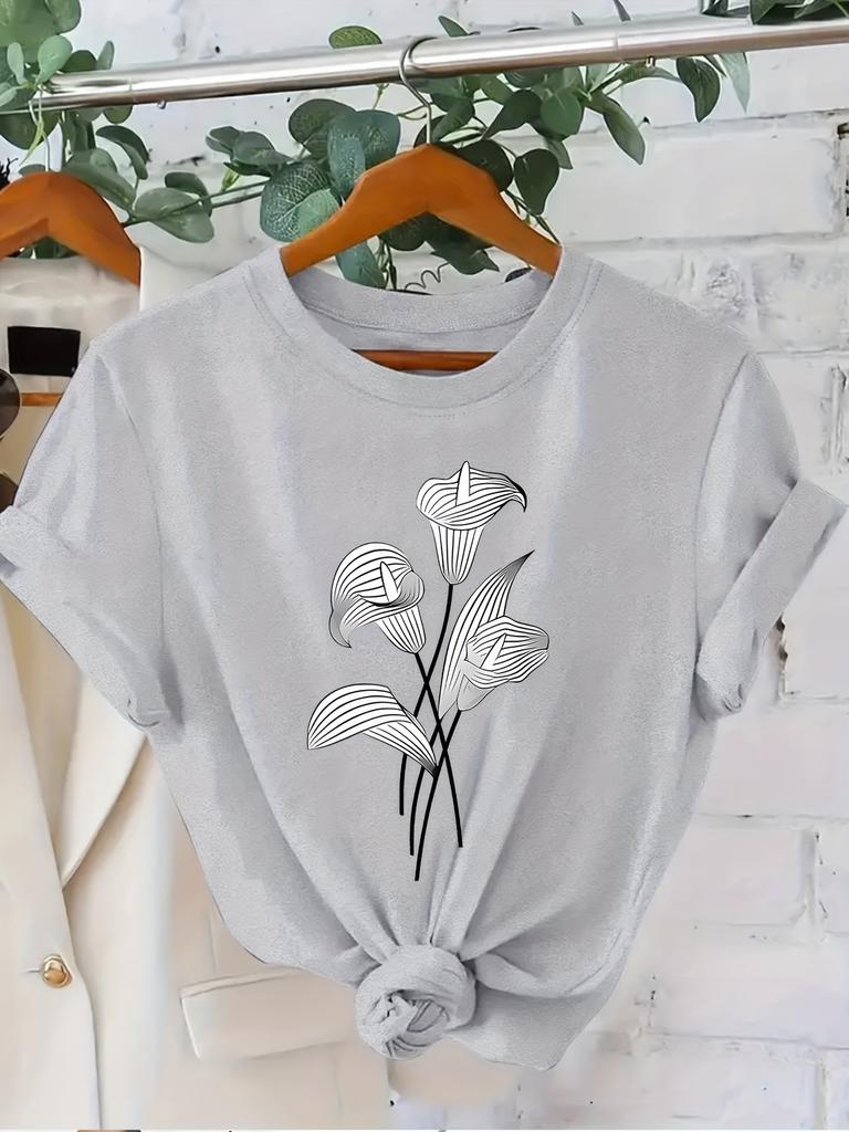 casual short sleeved T-shirt with artistic floral print in white and black minimalist design daily elegant style Fashionable