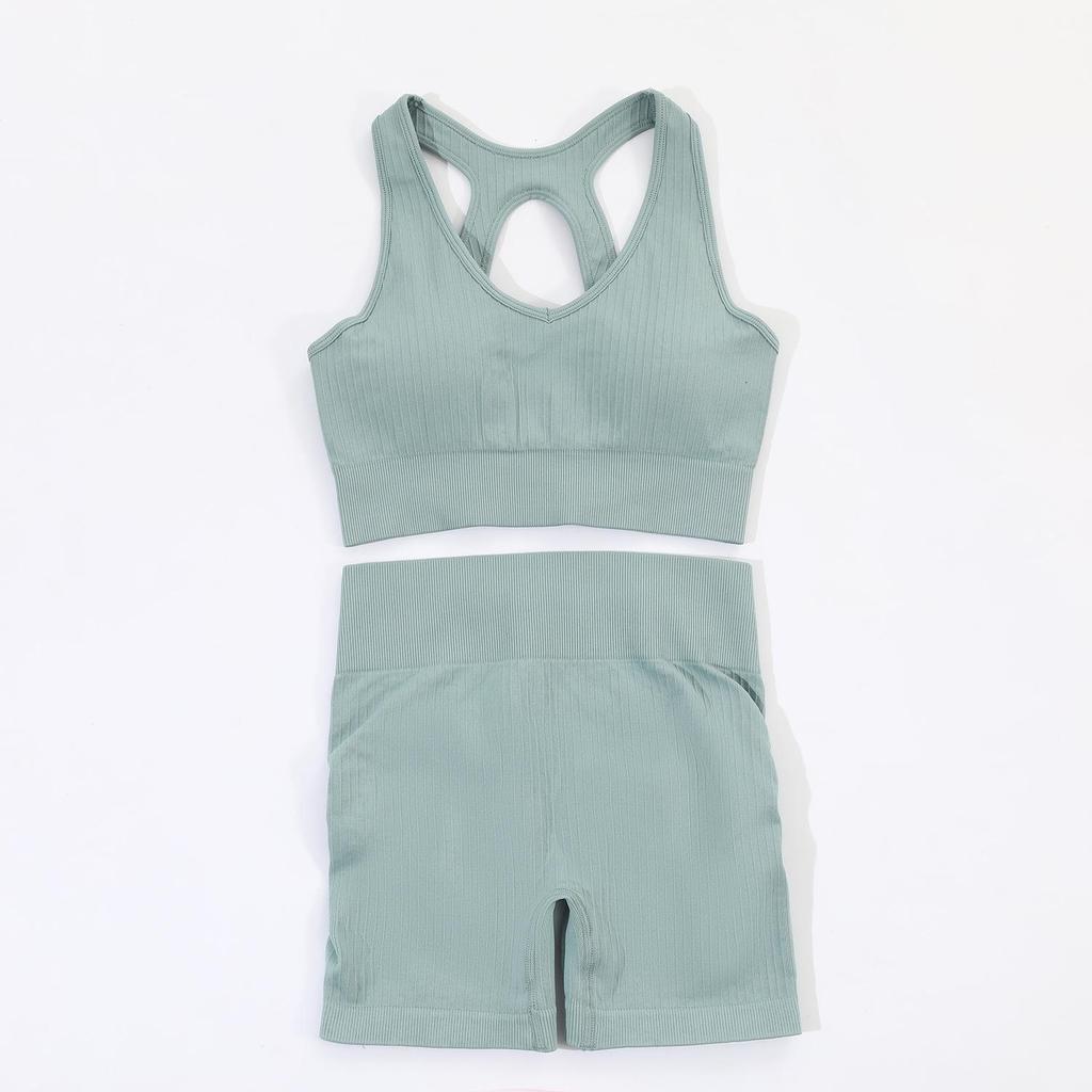 Spring Ribbed Seamless Yoga Suit - Women's Sexy Sports Fitness Set with Hip-Lifting Shorts
