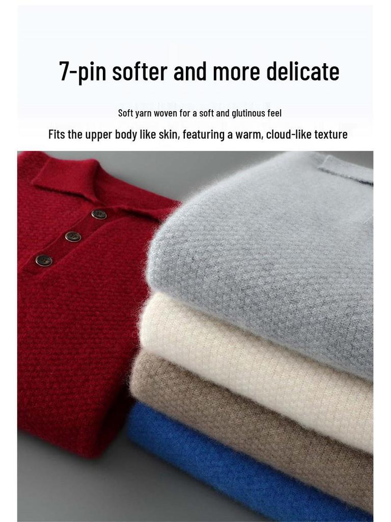 Men's Pure Wool Polo Collar Cardigan: Loose, Button-Up, Business Casual Cashmere Knit Sweater