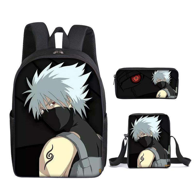 Naruto Naruto Rucksack Dreiteiliges Set, Schulranzen für Grund- und Sekundarschule, Umhängetasche, Messenger Bag, Federmäppchen.