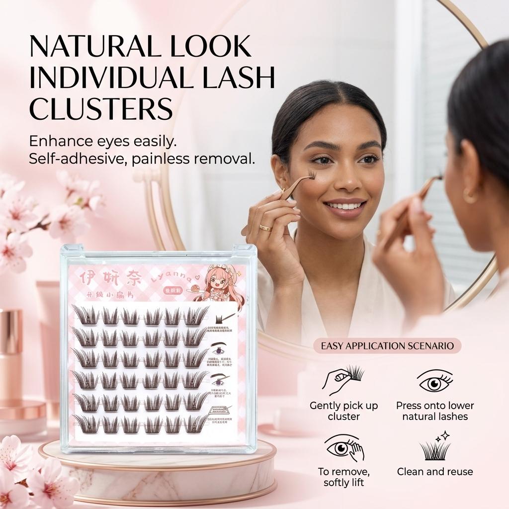 Natural Fox-Style False Eyelashes Lightweight Segment Design C Curl Brown 6Row Glueless Cherry