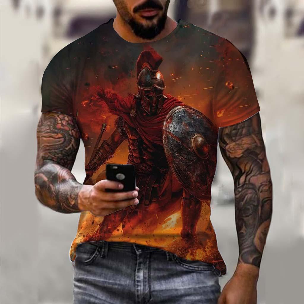 Samurai 3D Printed Short Sleeved T-shirt Summer Breathable Polyester Simple Round Neck Top