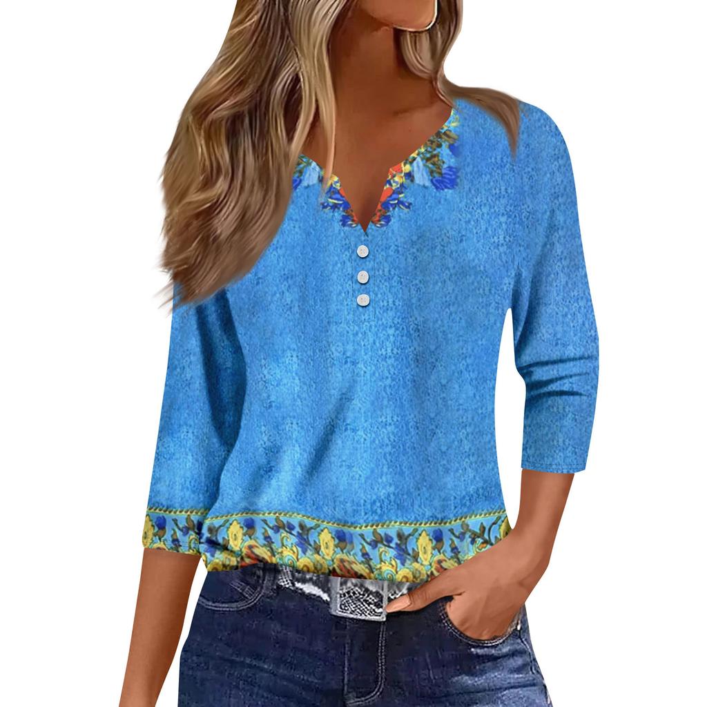 Women's Fashion Casual Seven Split Sleeve Burst Vintage Floral Print Pullover Top