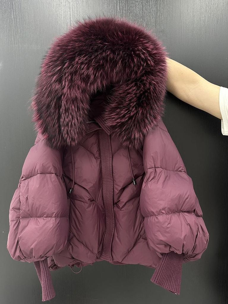 European winter new raccoon big fur collar hooded down jacket women's medium and long thickened warm knitted sleeve jacket