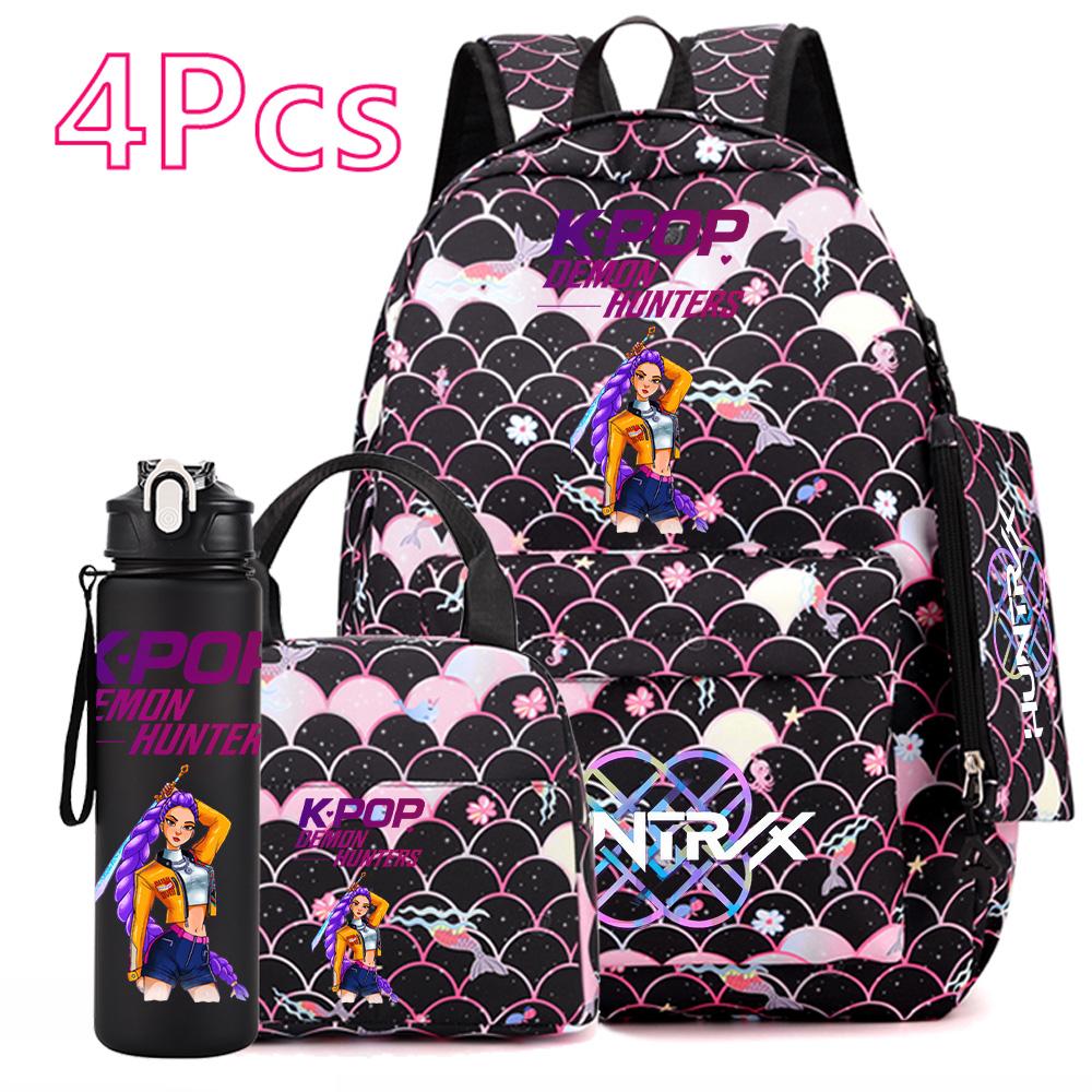 4Pcs/set Anime Cartoon Printed Backpack with Handbag Pencil Case 750Ml Water Bottler for Teenager Boy Girl Large Capacity Bookbag Schoolbag Mochila