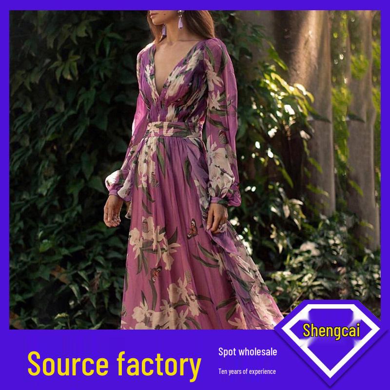 2025 Summer Women's V-Neck Long-Sleeved Printed Swing Dress