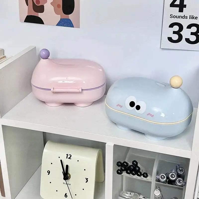 Creative Cute Countertop Soap Box with Lid Portable Double Layer Drainage Bathroom Storage Box Household Organizer