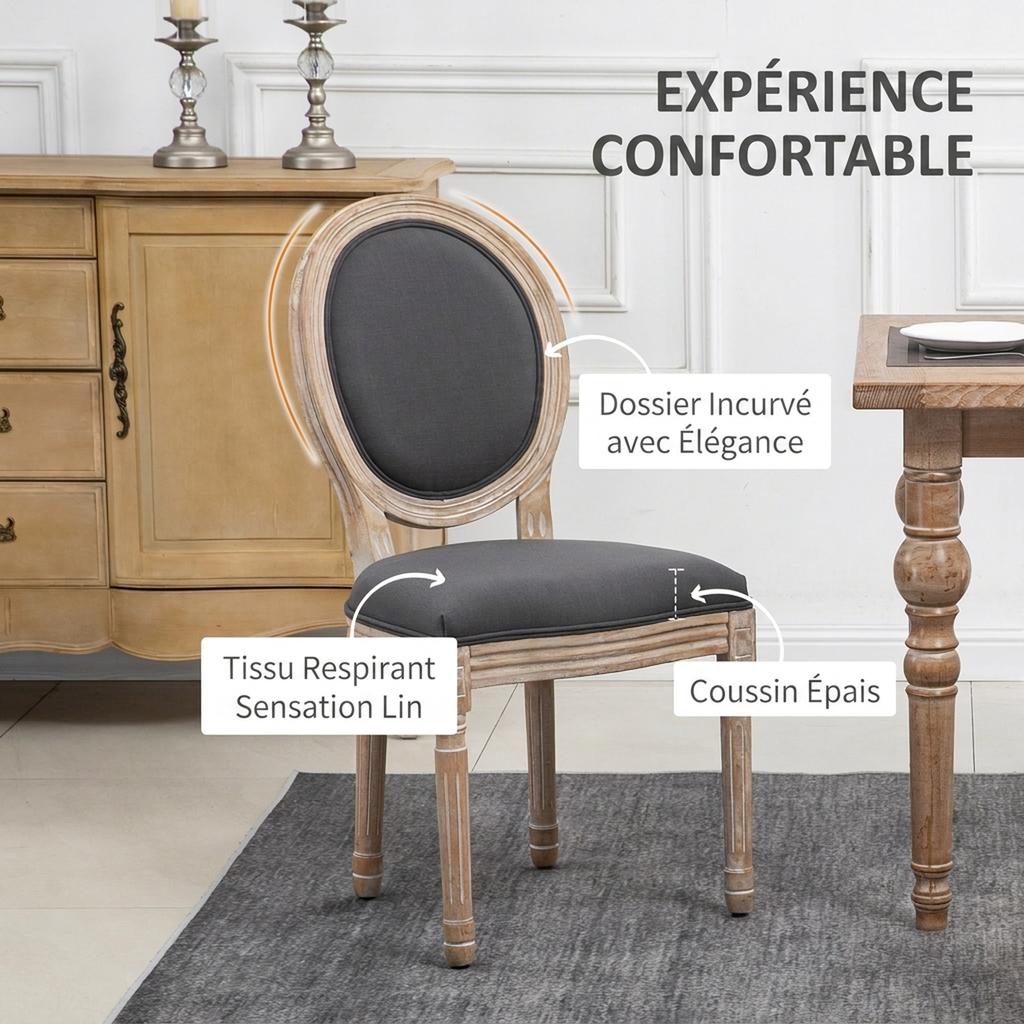 Dining Chairs, Set of 2, Louis XVI Medallion, Linen-Effect Upholstered Seat and Back, Grey