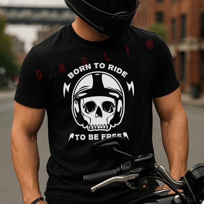 Vintage Skull Born To Ride To Be Free Moto Men's T-shirt Summer Cotton Short Sleeved Casual TSh