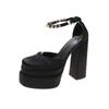 Spring  New European and American Style Super High Heels, Rhinestone Double-layer Waterproof Table, Satin Square Head Hollow Bag Head Sandals