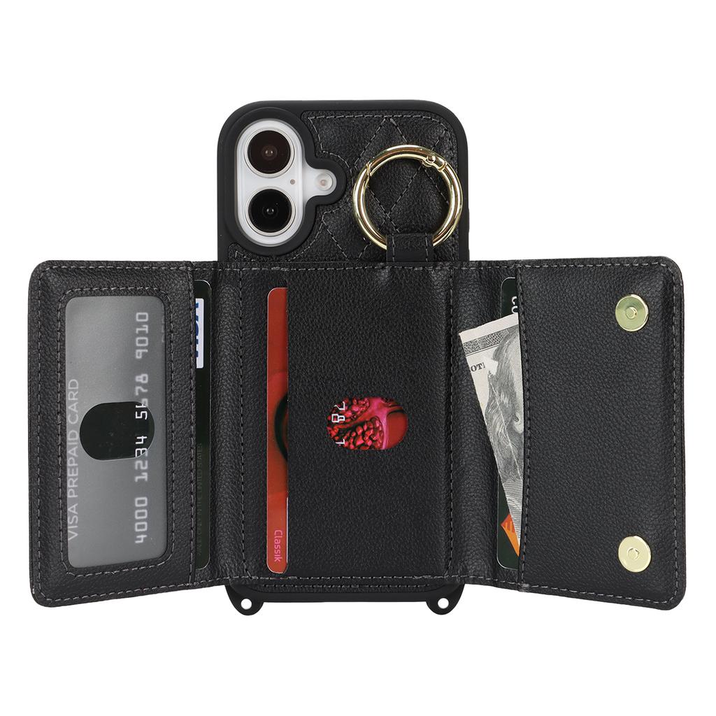 For iPhone 16 Case with Lanyard/Mirror/Card Holder Grids Pattern RFID Blocking Phone Cover