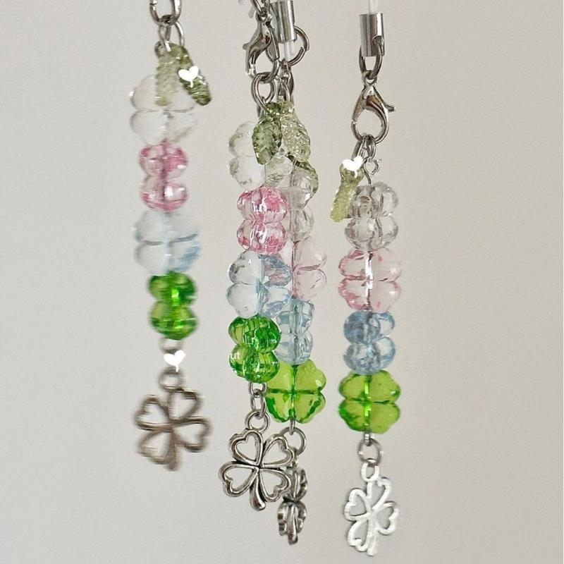 Lucrat manual cu mărgele, patru trifoi, pandantiv pentru telefon, breloc la modă, accesoriu de agățat pentru noroc și fericire