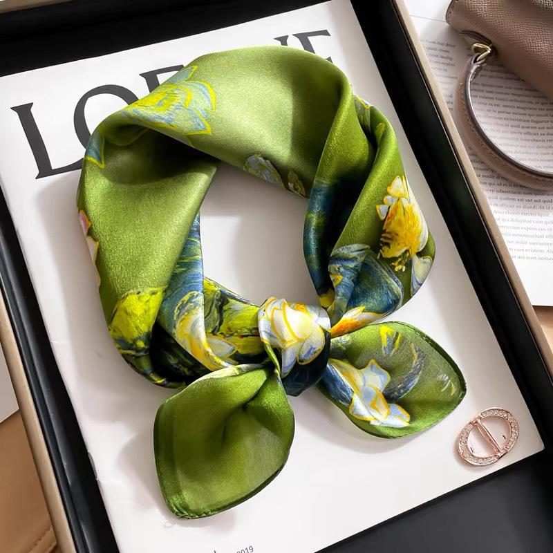 Dámský béžový hedvábný šátek - 53 cm Korejský styl Tištěný čtverec, 100% morušové hedvábí na jaro/léto