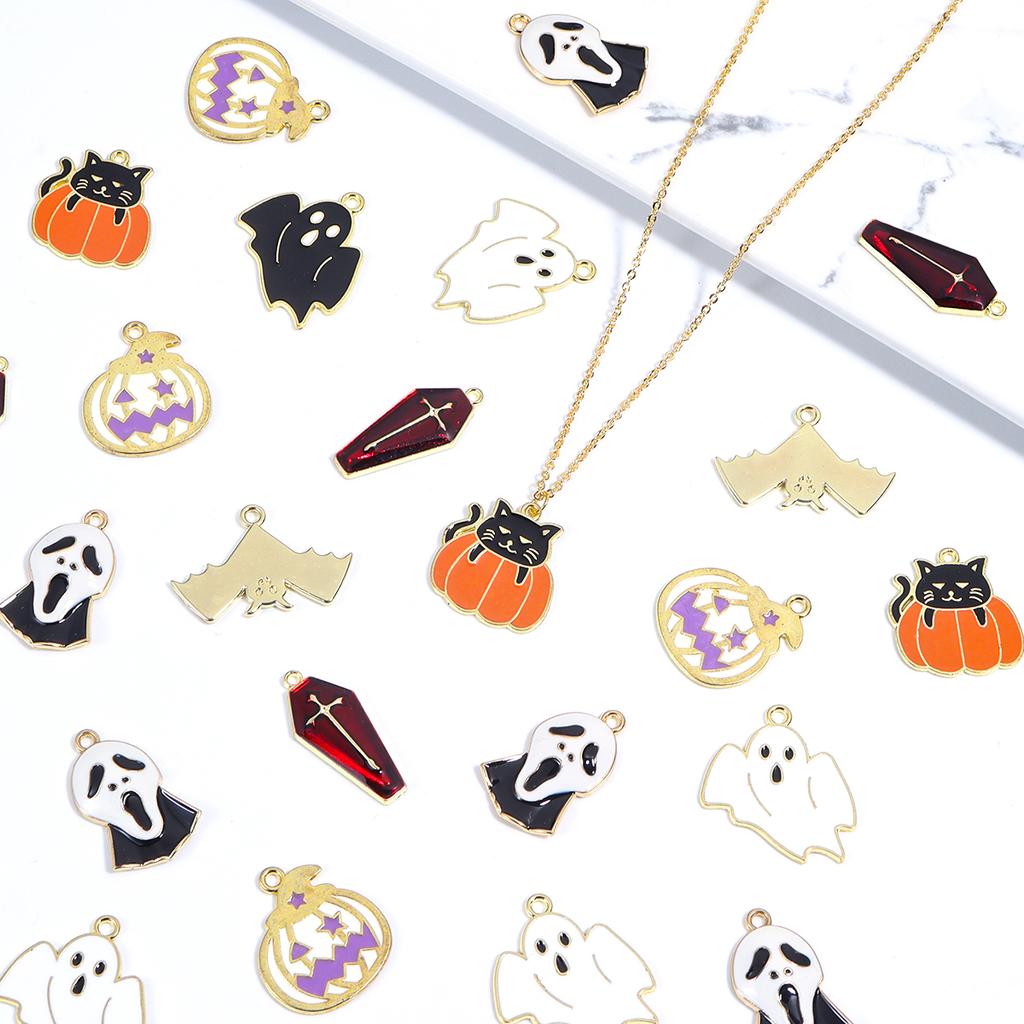 10pcs Halloween Charms Creepy Alloy Enamel Ghost Skull Pumpkin Bat Charms Pendants For DIY Jewelry Making Necklace Accessories