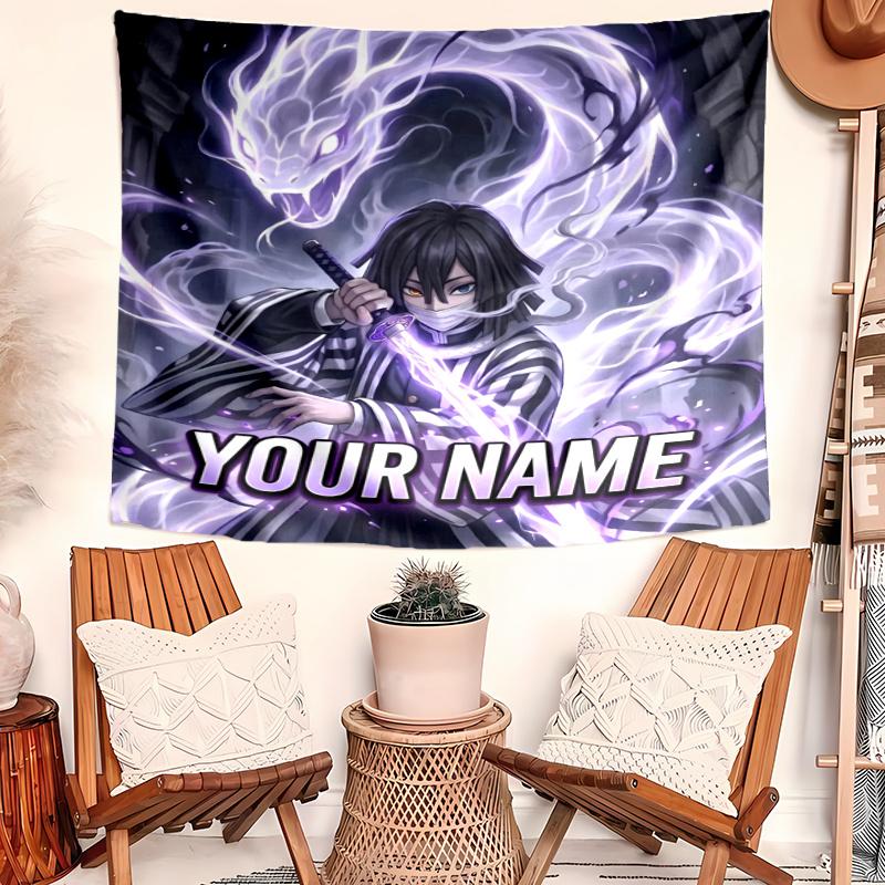 Iguro Obanai Tapestry with Custom Name Wall Hanging Room Background Cloth Home Decor Beach Mat Yoga Mat Sofa Bed Sheet