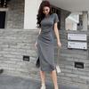 Modal Kleid Damen Sommer Schlitz Slim Slim Kurzarm Über Knie Midilanges Kleid