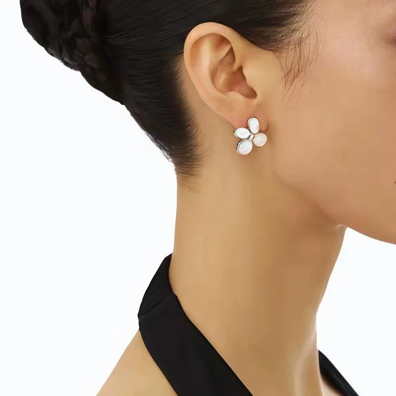 Elegant Metal Inlaid Mother-of-Pearl Earrings with S925 Silver Studs