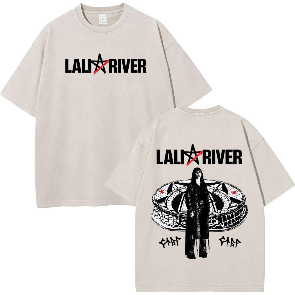 

Singer Lali River Tour Print Vintage Washed Tshirt Unisex Women Fashion Tshirts Summer Loose Casual Harajuku Cotton Tshirts S