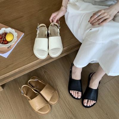 2025 Summer New Soft Leather French Round Head Sandals British Style Soft Bottom Flat Bottom Buckle Simple Sandals