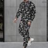 Men Plus Size Bamboo Stripe Printed Round Neck Long Sleeve Top And Cuffed Pants Two Piece Set