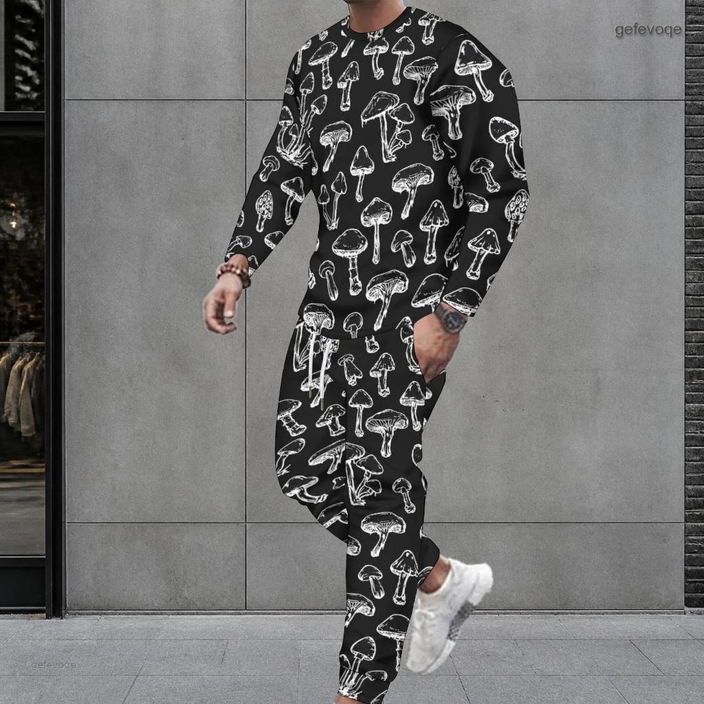 Men Plus Size Bamboo Stripe Printed Round Neck Long Sleeve Top And Cuffed Pants Two Piece Set