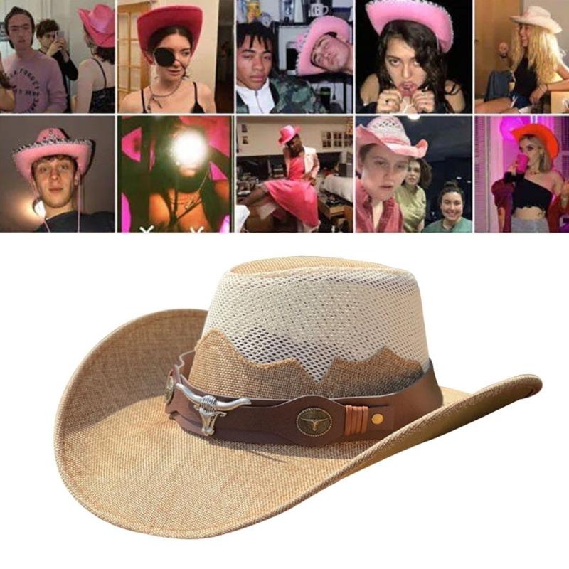 Adult Unisex Cowboy Hat for Travel Outdoor Summer Sun Hat Soft Breathable Mesh Cowgirl Hat Women Men Beach Cap Headwear