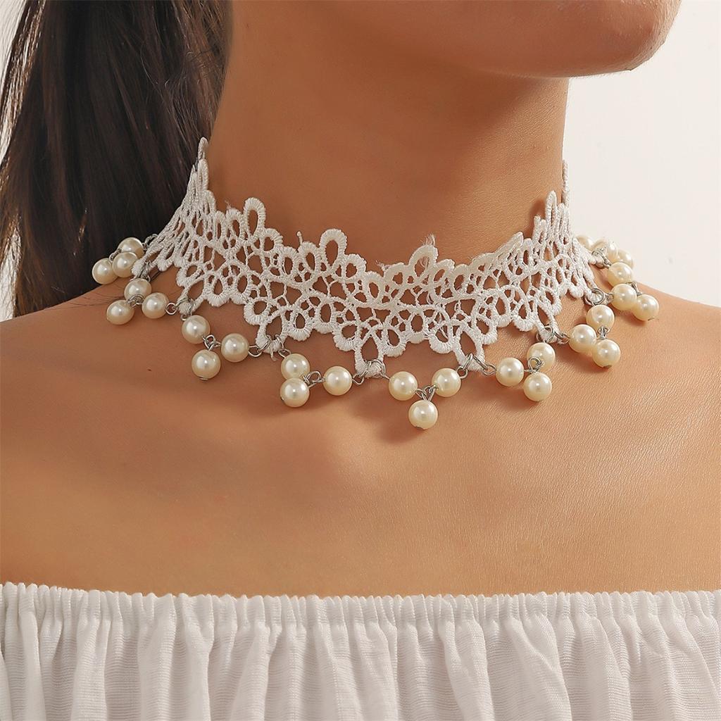 Fashion Bridal Lace Pearl Necklace White Lace Exaggerated Necklace Multi-layer Accessories