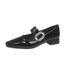 Fashion Clearing Warehouse Mary Janes Shoes for Women Leather Shoes Low Heels Black Leather Rhinestone Buckle Soft Comfortable Pumps