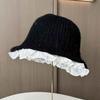 Lazy wind gray knitted hat women's autumn and winter literary lace wool bucket hat showing small face warm pot hat