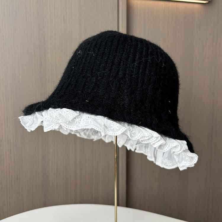 Lazy wind gray knitted hat women's autumn and winter literary lace wool bucket hat showing small face warm pot hat