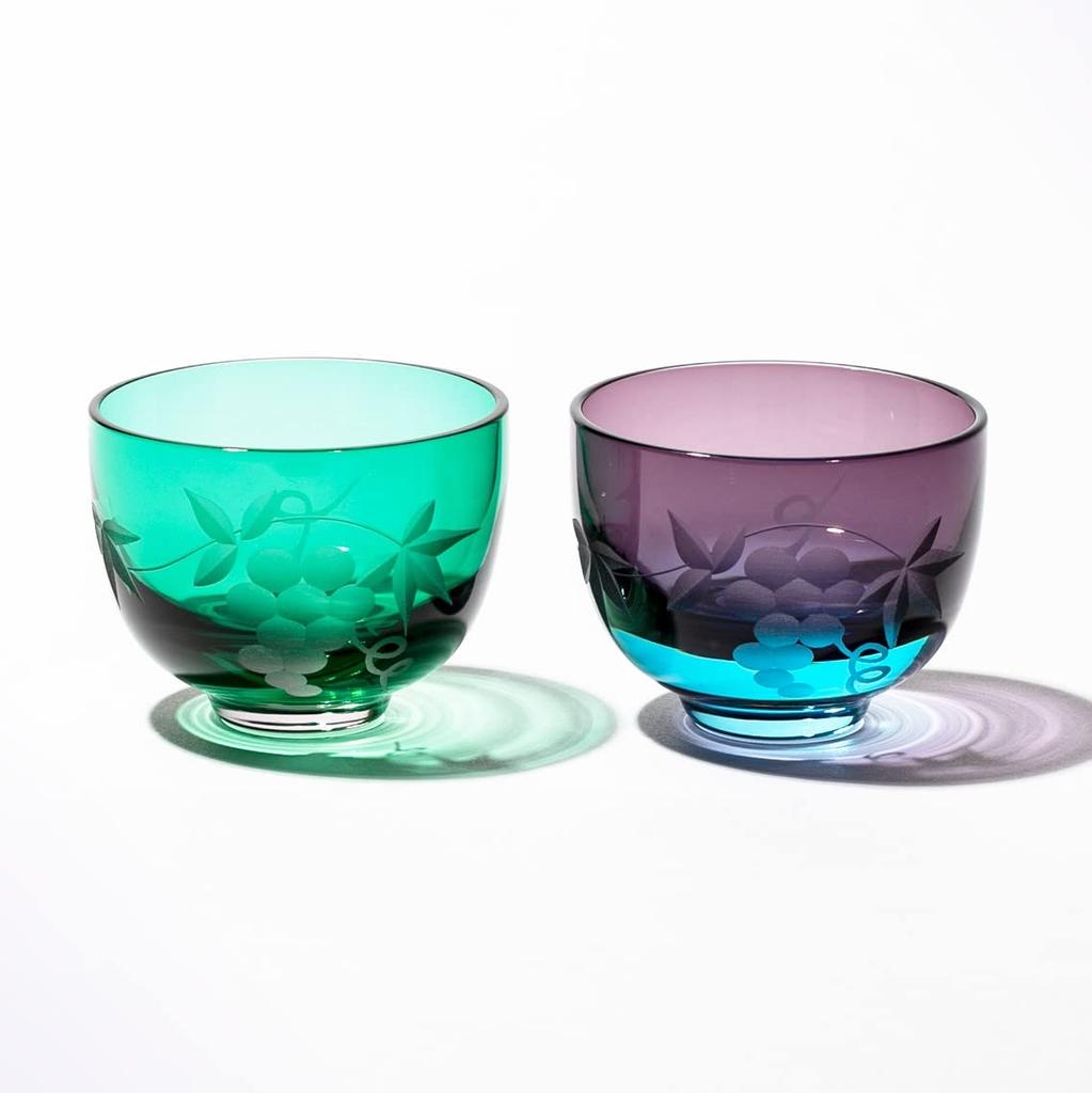 [Official Taiburo Studio] Edo Kiriko Grape Crest Sake Cups (Pair) (Green and Edo Purple) TB30009/35009, Gift Boxed, Made in Japan