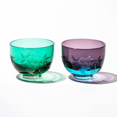 Taiburo Edo Kiriko Taças de Saquê com Desenho de Uvas e Presente Edo Feito no Japão [Estúdio Oficial] (Par) (Verde Roxo) TB30009/35009, Na Caixa,